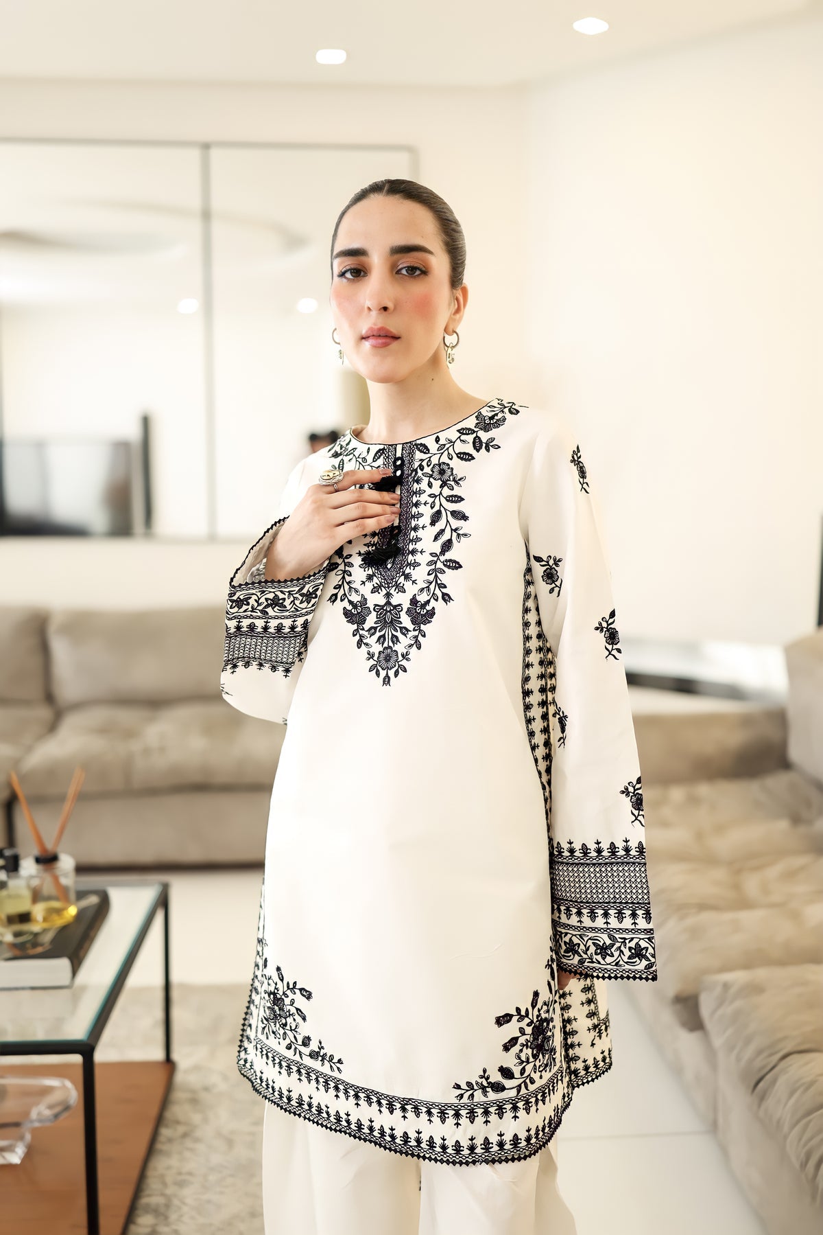 OFF-WHITE & BLACK LUXURY EMBROIDERED FARSHI SET (NPA2-25302)-READY TO WEAR