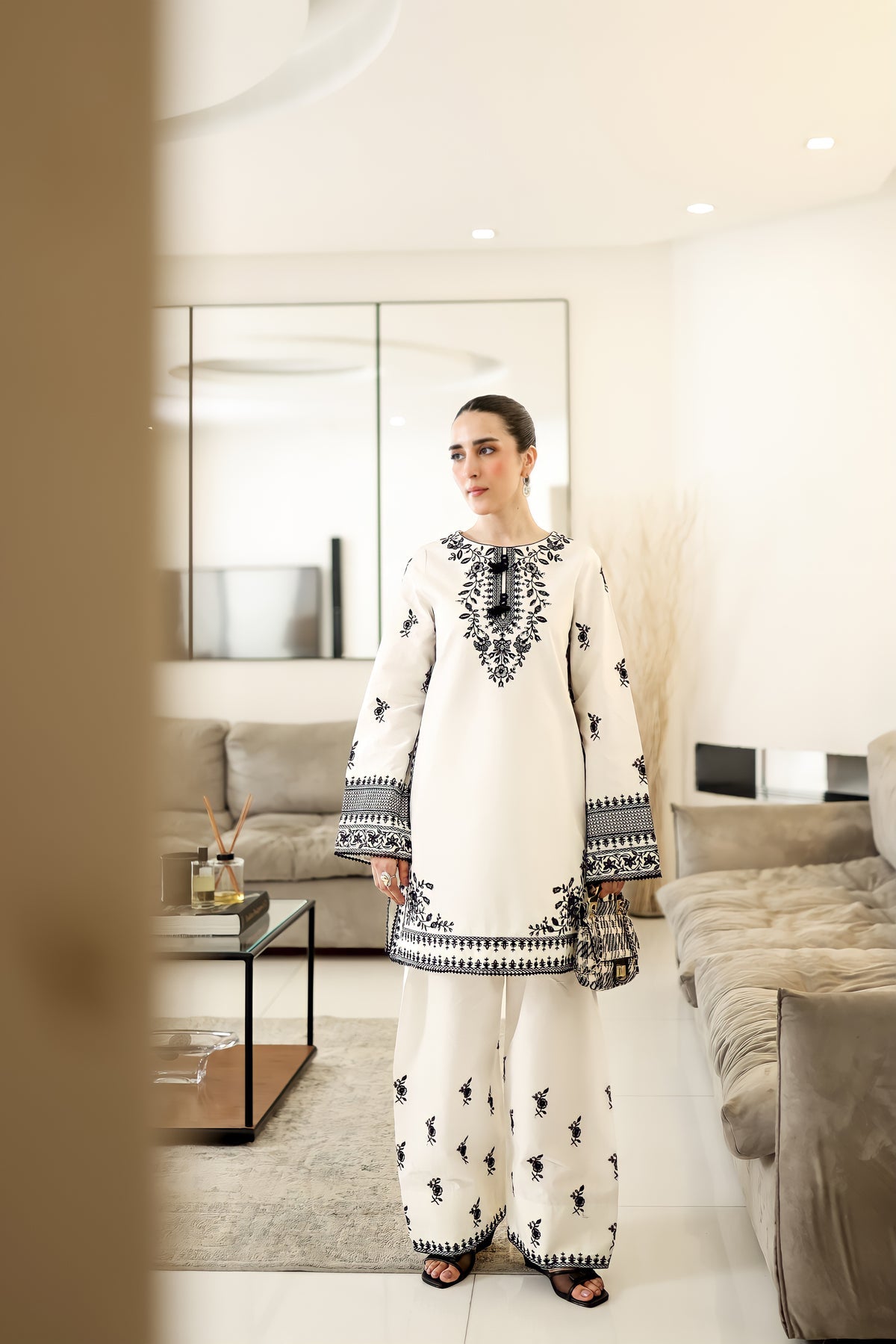 OFF-WHITE & BLACK LUXURY EMBROIDERED FARSHI SET (NPA2-25302)-READY TO WEAR