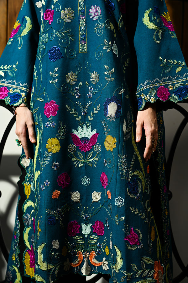 ZINC GREEN LASER CUTWORK LUXURY EMBROIDERED KARANDI SET (NEL-25637)