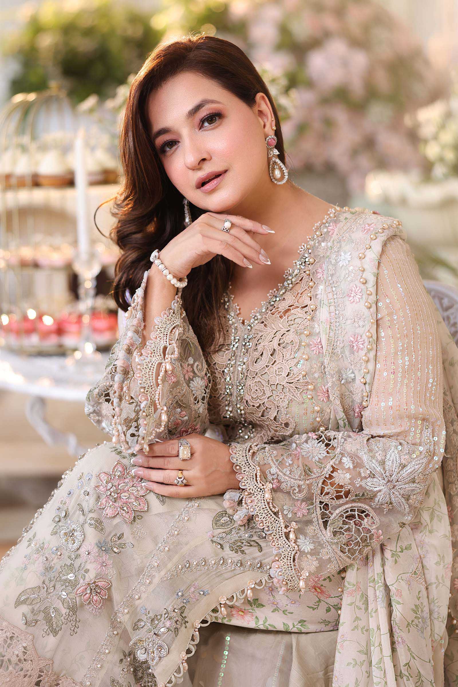 3 Piece Embroidered Chiffon Suit - MPC-26-107-Ivory Beige