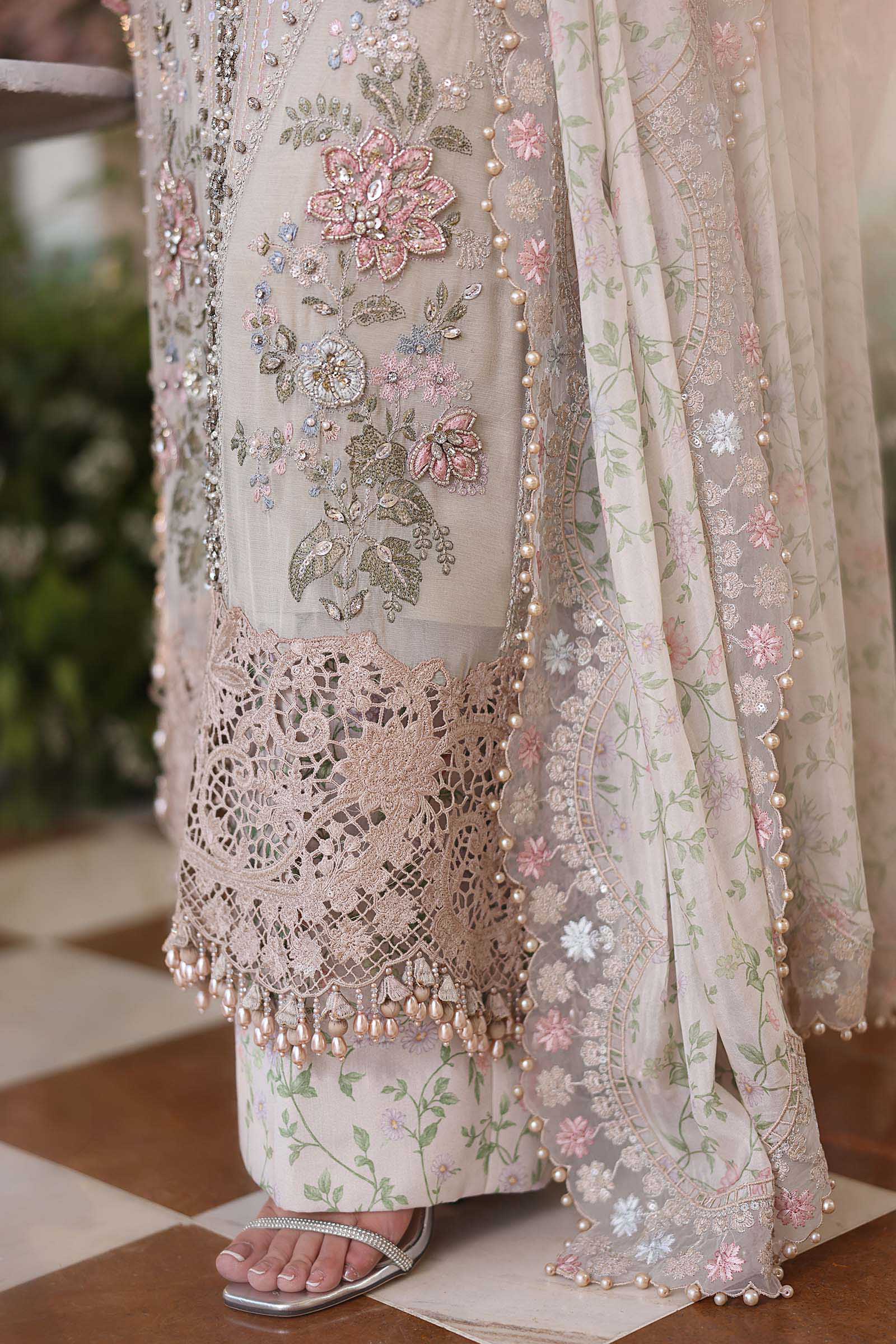3 Piece Embroidered Chiffon Suit - MPC-26-107-Ivory Beige