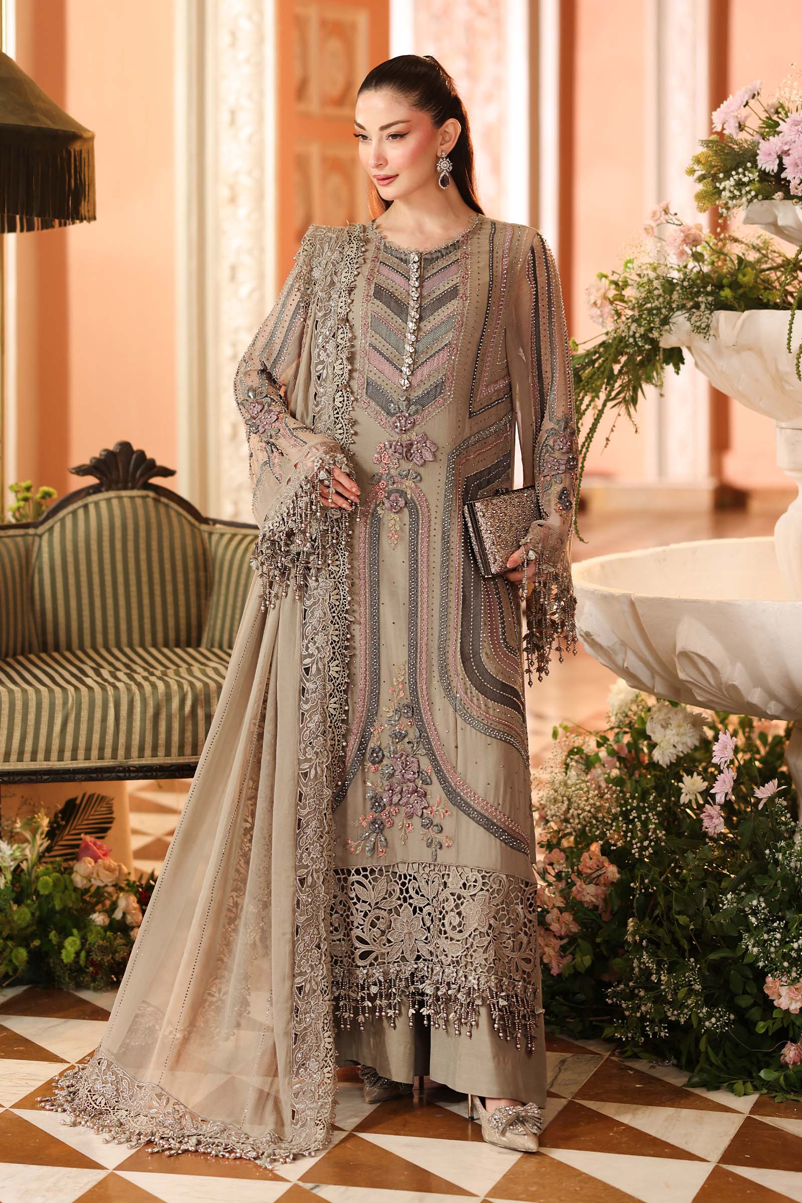 3 Piece Embroidered Chiffon Suit MPC-26-201-Antique Grey