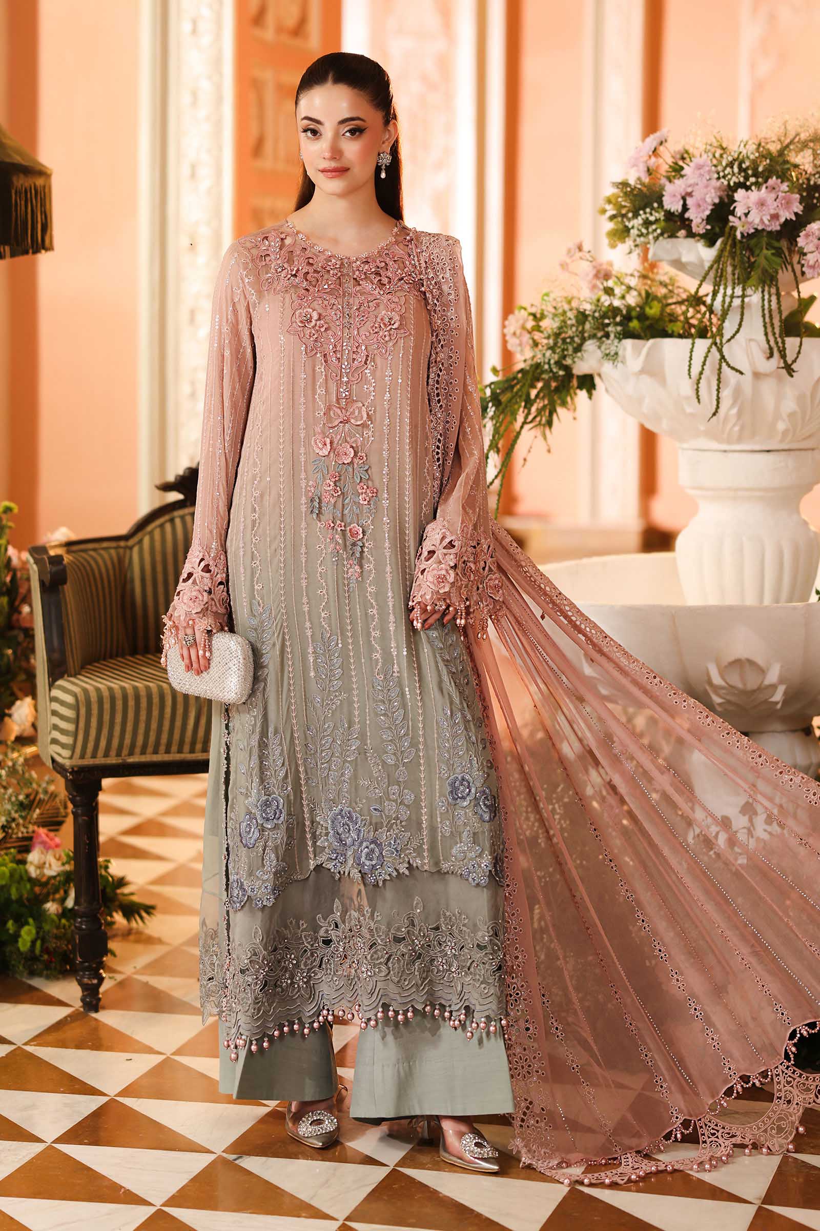 3 Piece Embroidered Chiffon Suit MPC-26-202-Ombre Blossom