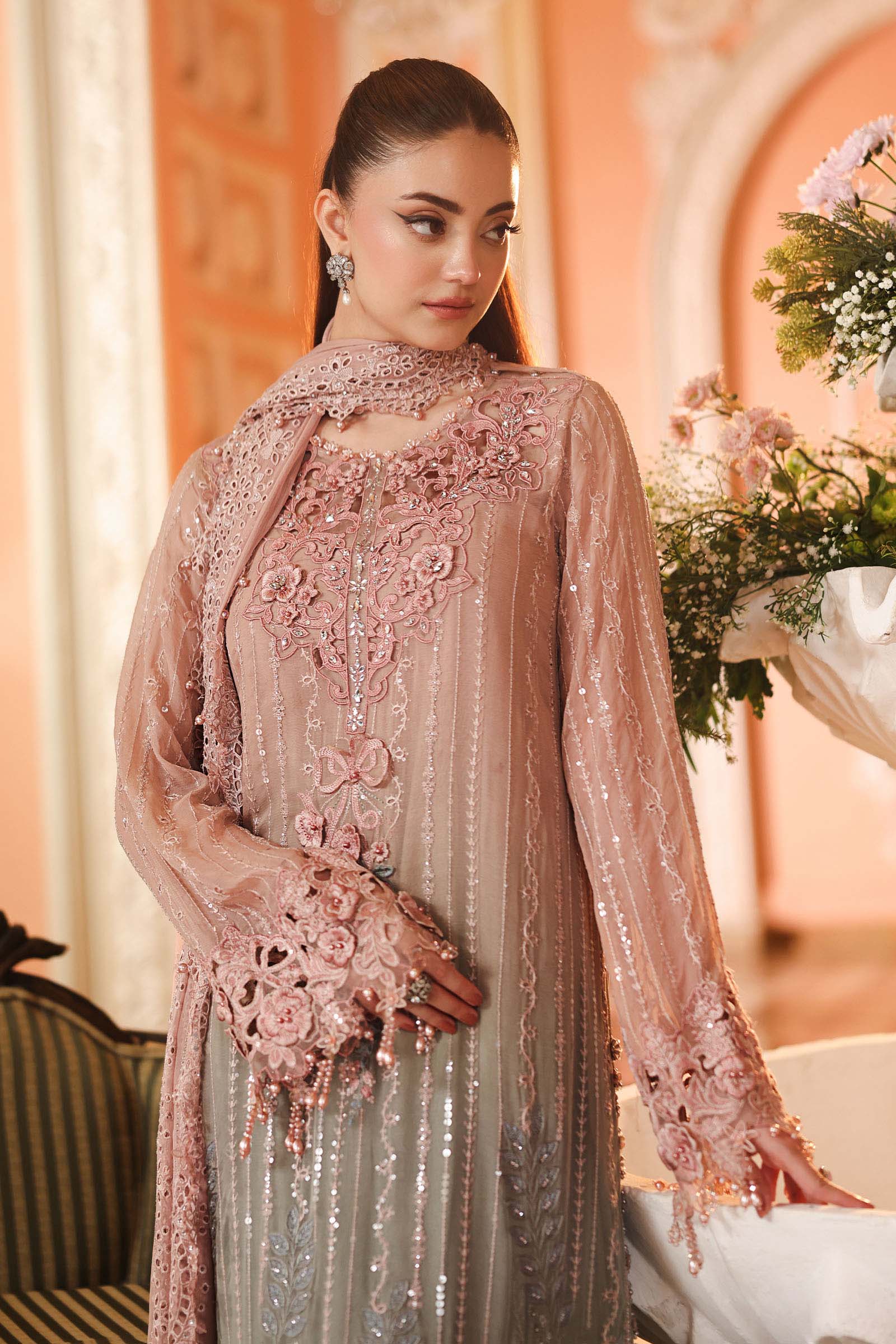 3 Piece Embroidered Chiffon Suit MPC-26-202-Ombre Blossom