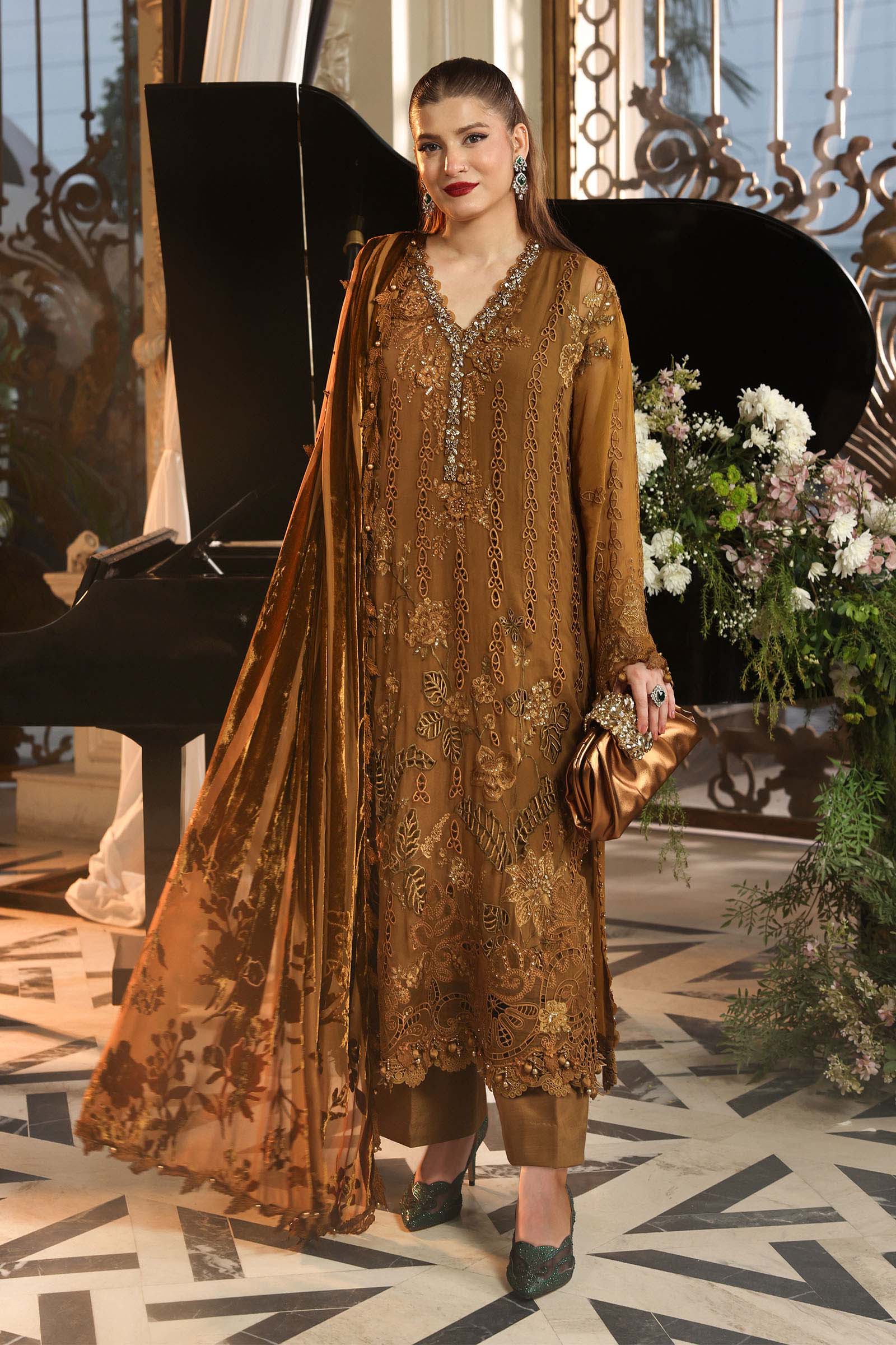 3 Piece Embroidered Chiffon Suit MPC-26-205-Mustard