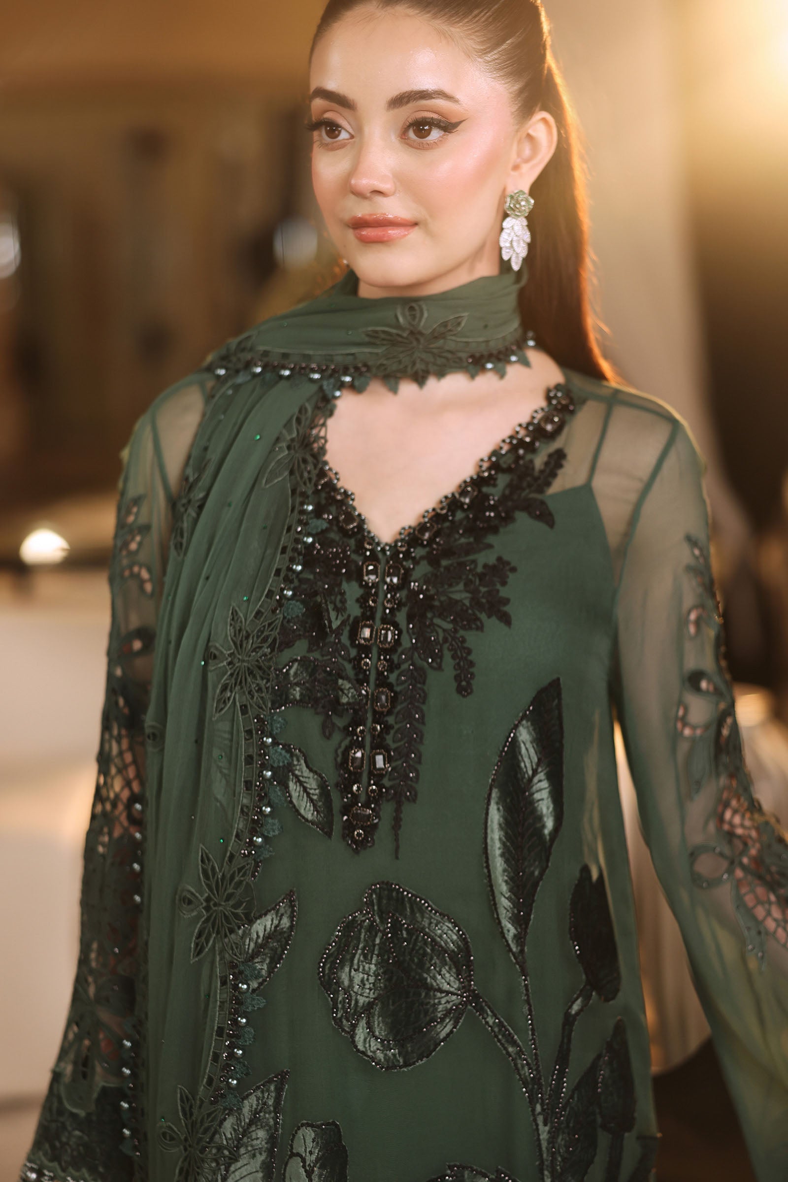 3 Piece Embroidered Chiffon Suit MPC-26-207-Pine Green