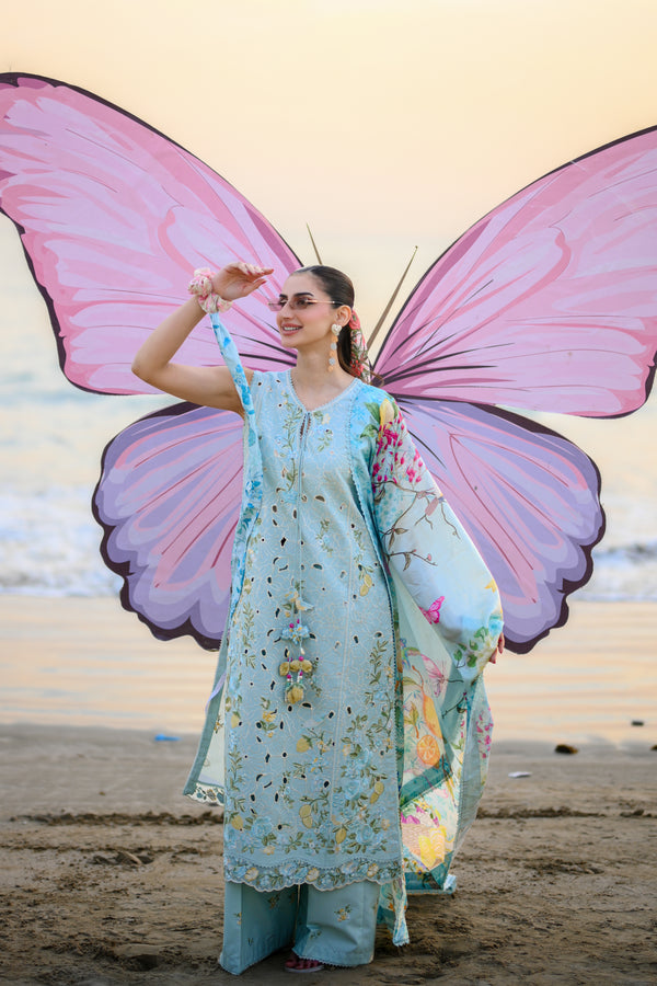 PASTEL AQUA BLUE LUXURY EMBROIDERED LUXURY LAWN SET (NEL-26606) LUXURY LAWN